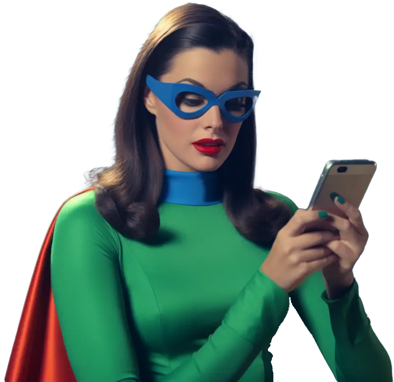 A female superhero in a green costume with a blue mask, holding a smartphone and looking at the screen.