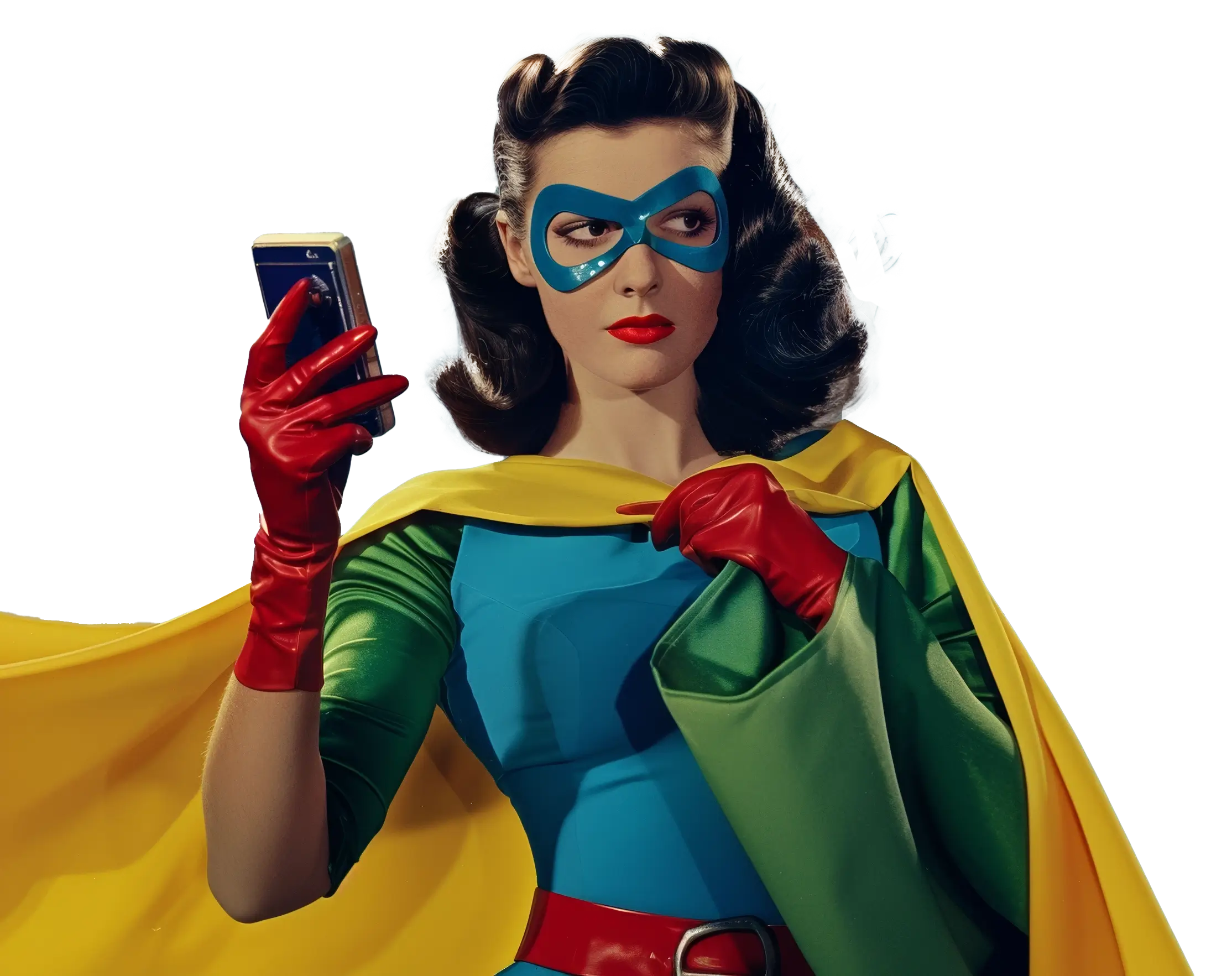 A female superhero holding a smartphone. She wears a blue suit with a green cape, red gloves, and a red belt, with a blue mask covering her eyes.