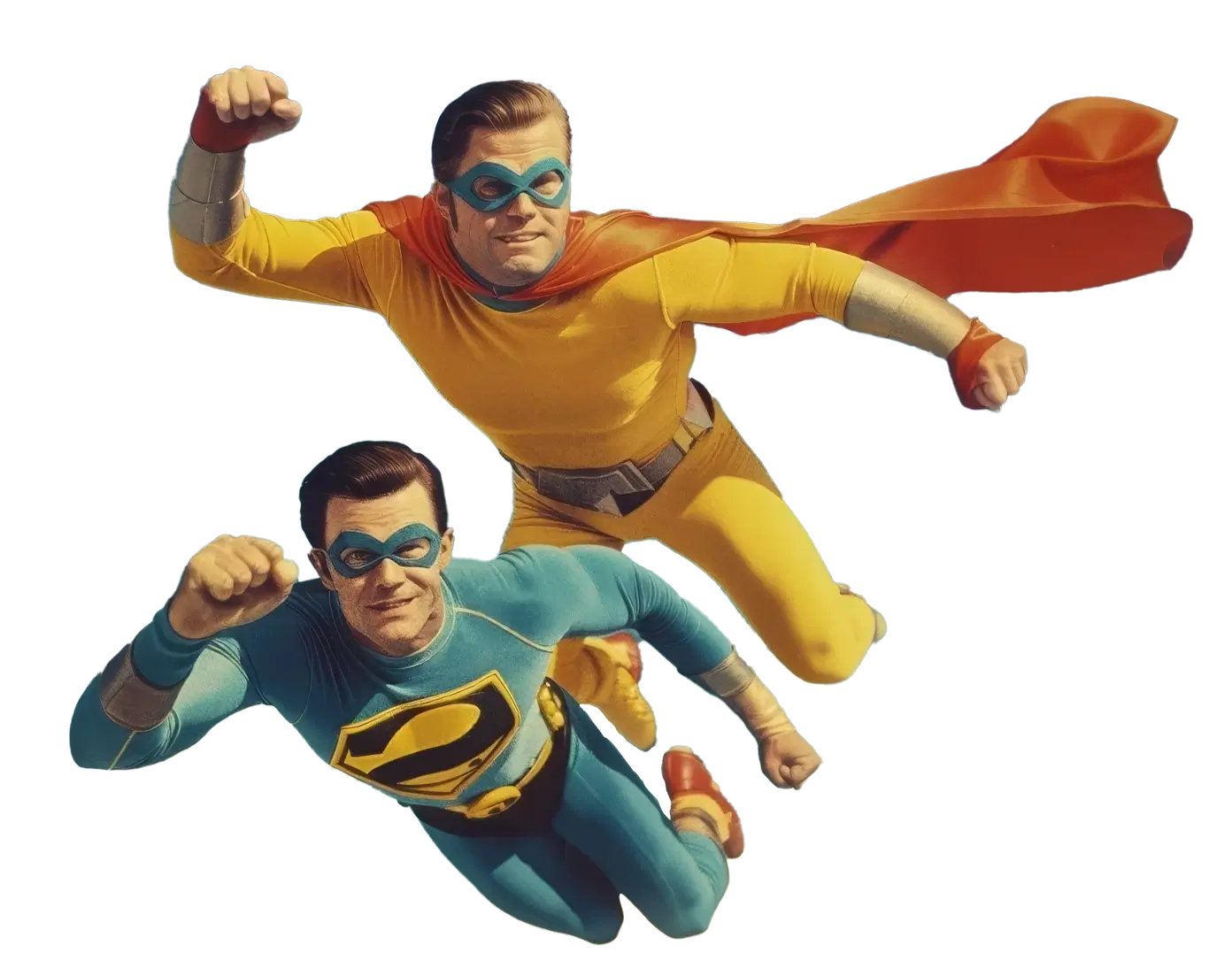 Two men in superhero costumes flying side by side. One wears a yellow suit with a red cape and mask, and the other wears a blue suit with a yellow emblem and a blue mask. Both have their fists raised as they fly.