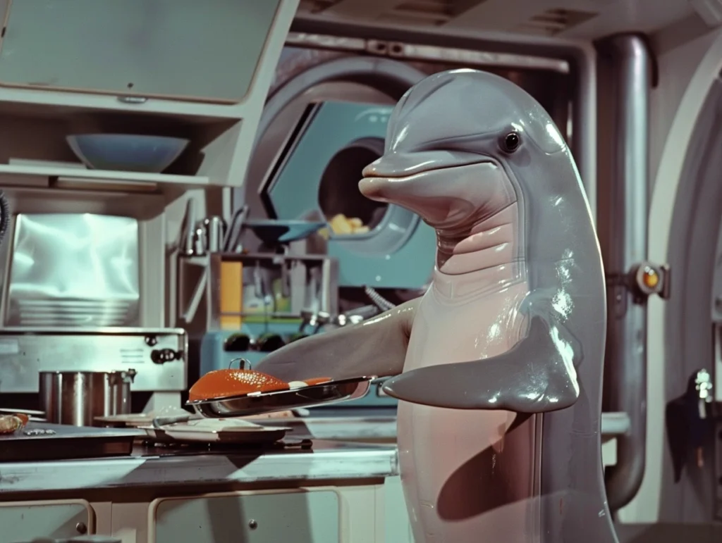 An AI generated image of a plastic dolphin standing in a space-age kitchen, frying fish in a pan. The style of the image looks like a retro movie from the 1970s.