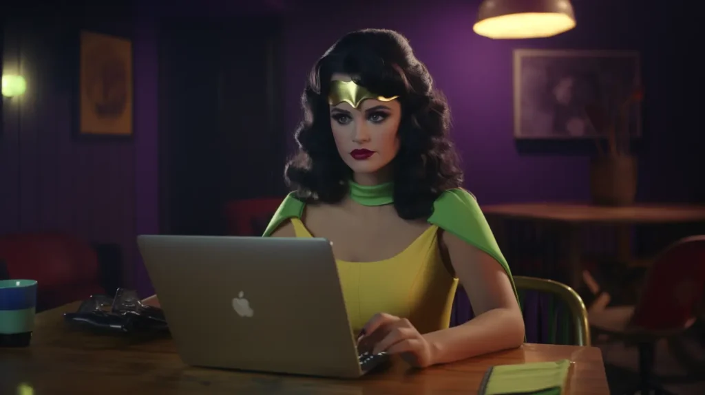An AI generated image of a female super hero working on a mac laptop. She is wearing a yellow dress and green cape. She has curly dark hair and a gold diadem. The style of the image looks like a retro movie from the 1960s.