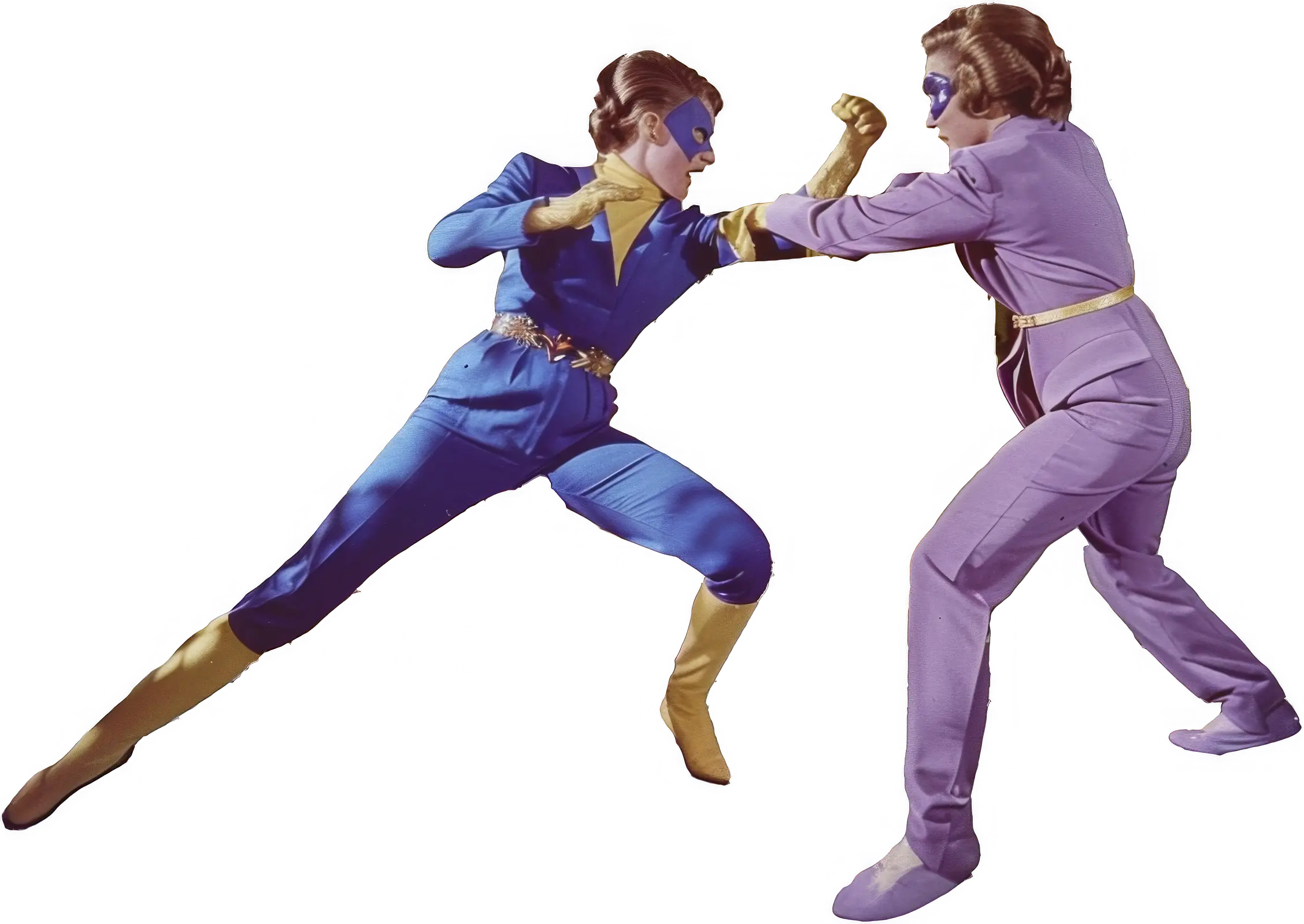 Two women in superhero costumes engaged in combat. One wears a blue and yellow suit with matching gloves and boots, while the other wears a purple suit with a yellow belt and boots. Both wear masks.