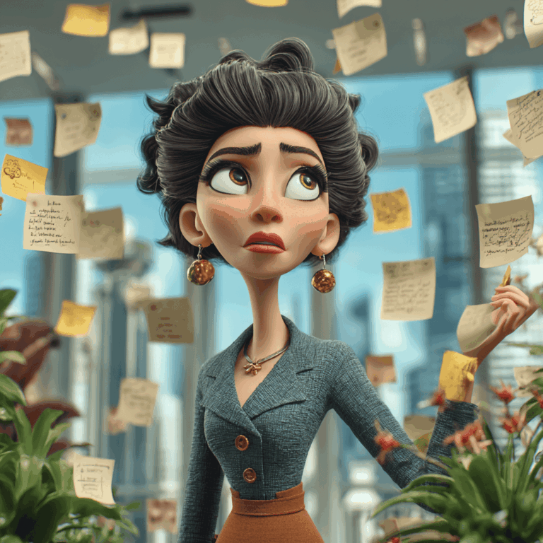 Animated woman with dark hair stands indoors, surrounded by floating sticky notes, looking concerned—perhaps juggling her responsibilities as a fractional CMO. Cityscape visible through large windows in the background.