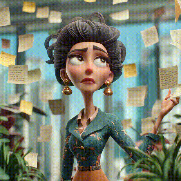 An animated woman with an anxious expression stands among floating sticky notes in an office setting, emphasizing the challenges a fractional CMO might face, surrounded by green plants.