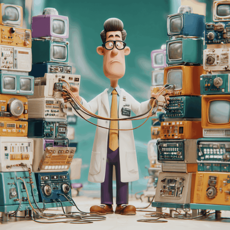 A cartoon doctor in a lab coat stands between stacks of vintage electronic equipment, connecting cables.