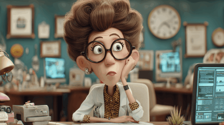 Animated woman with large glasses and curly hair sits pensively at a cluttered desk in an office, surrounded by papers, screens, and clocks on the wall.