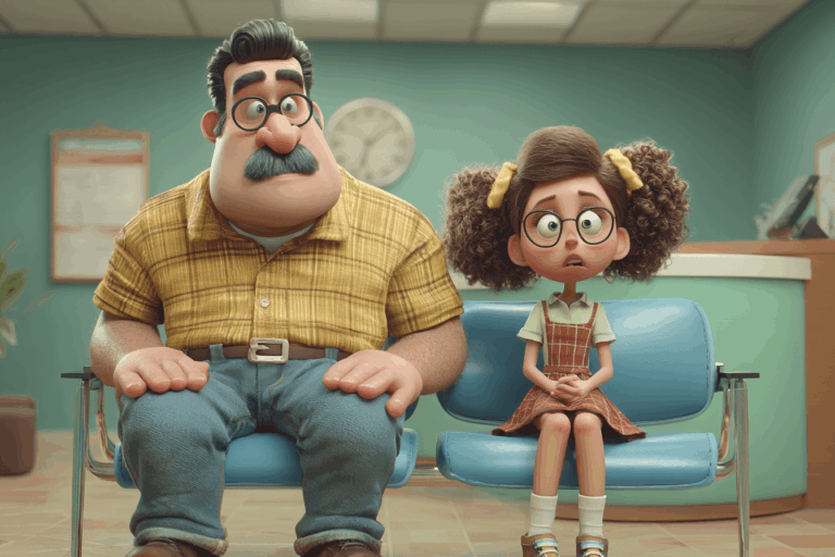 Animated man and young girl sit anxiously on blue chairs in a waiting room, with teal walls, a clock, and medical posters in the background.
