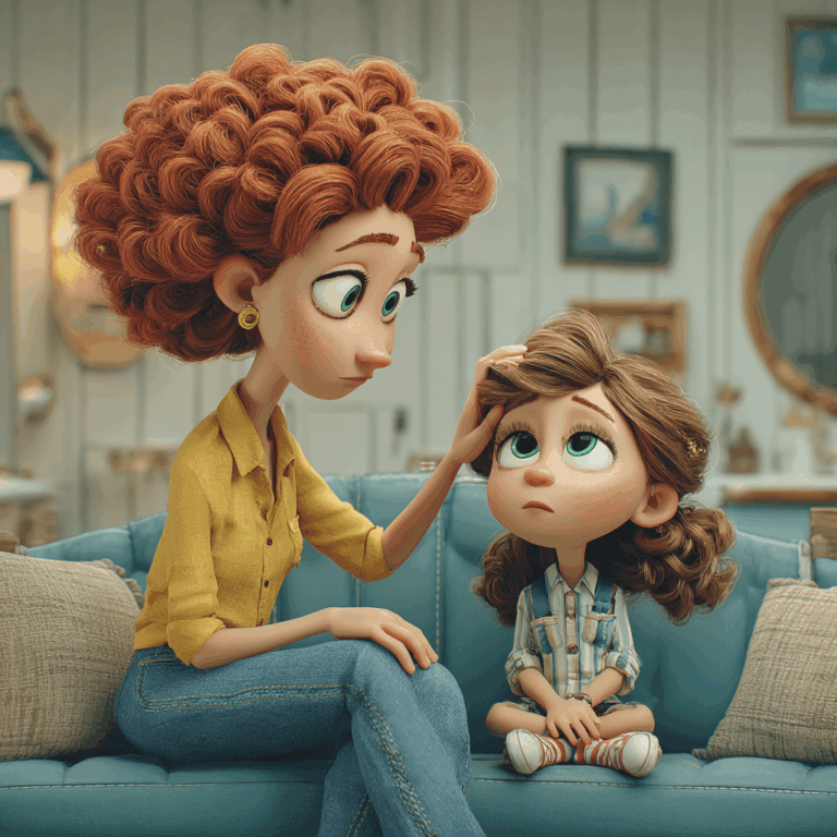 A woman with curly red hair sits on a blue couch, gently comforting a young girl with brown hair who looks up with a worried expression.