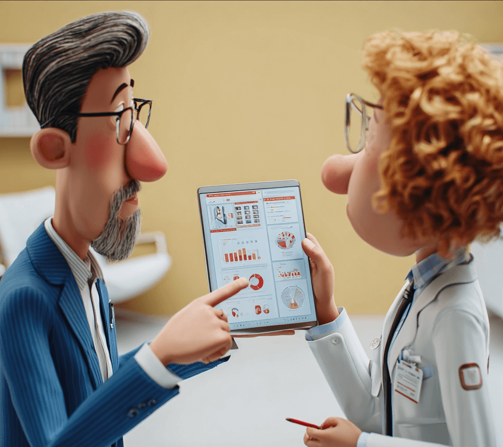 Two animated characters, one in a suit and one in a lab coat, discuss data migration within multi-clinic healthcare facilities displayed on a tablet with charts and graphs in a professional setting.