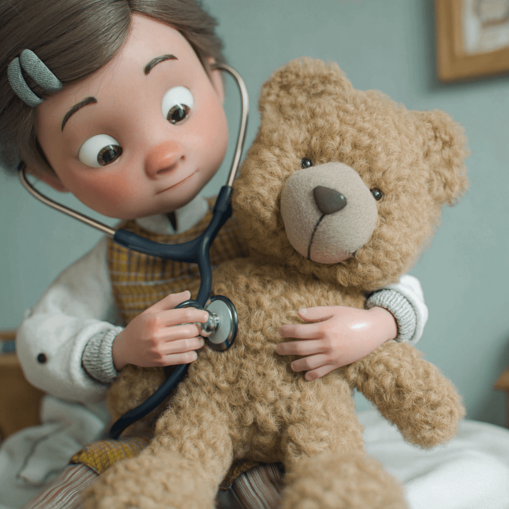 A child holds a teddy bear and listens to its chest with a stethoscope, pretending to give the toy a medical check-up.