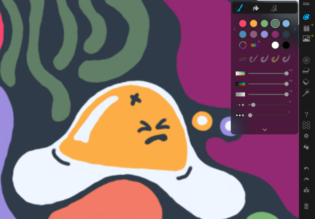 A digital drawing of a cartoon fried egg with an unhappy face, shown against a colorful abstract background; Taylor’s art tools and color palette are visible on the screen.